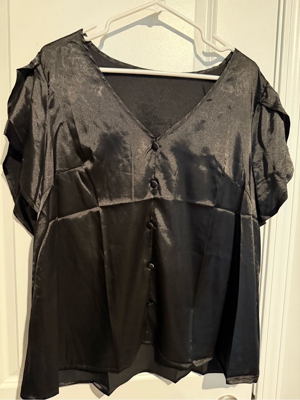 SHEIN Black Satin V-Neck Button Front Blouse